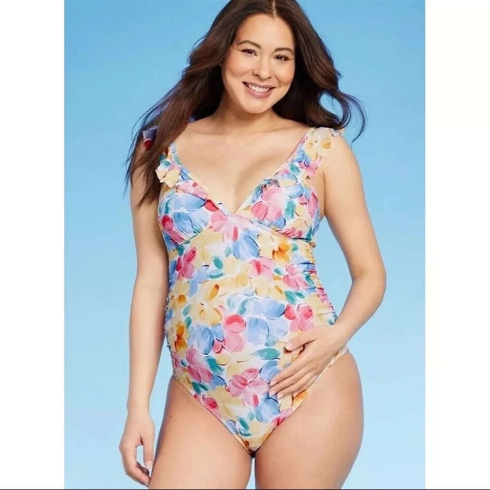 Isabel‎ Maternity Ingrid One Piece Swimsuit Multicolor Floral Ruffle Sleeve